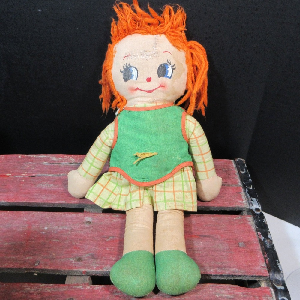 Vintage Knickerbocker Joy Of A Toy Rag Doll Orange Hair Plaid Dress Taiwan 15"